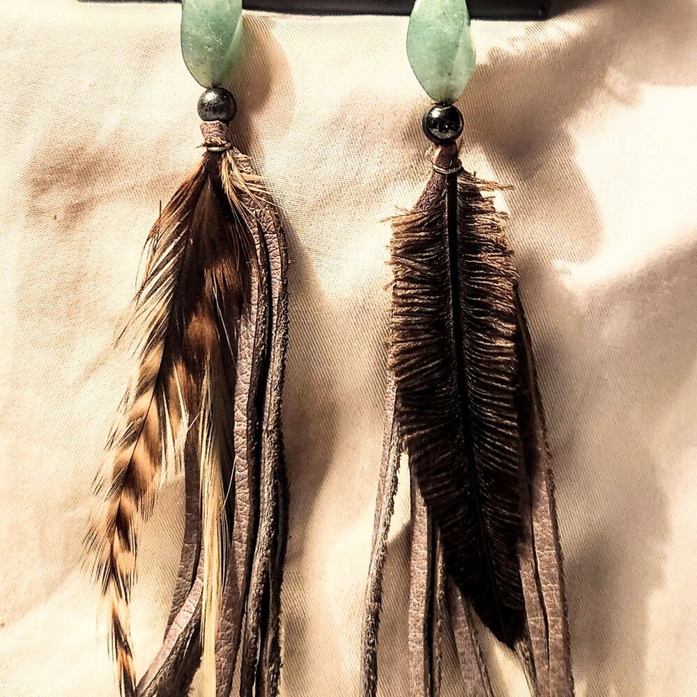 Handmade Earrings Jade, Feather & Leather Nickel-Free Boho Hip Natural
